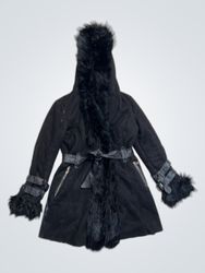 Only Fashion Black Faux Fur Hooded Belted Coat