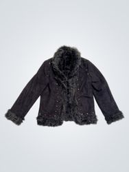 Black Faux Fur Trimmed Jacket with Studs