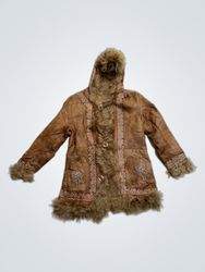 Brown Suede Jacket with Fur Trim and Hood