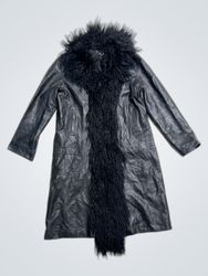 Black Faux Leather Coat with Fur Trim