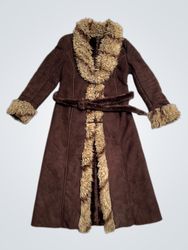 MISSY Women's Brown Faux Fur Trimmed Long Coat