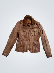 Brown Leather Jacket with Ribbed Collar