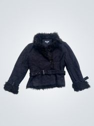 MIM Black Faux Fur Trimmed Belted Jacket