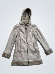 Cream Faux Suede Hooded Coat with Faux Fur Trim