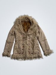 Brown Faux Fur Trimmed Jacket with Butterfly Embel..