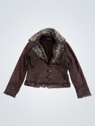 Brown Suede Jacket with Fur Collar and Trim