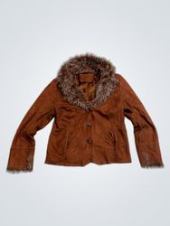 Brown Faux Suede Jacket with Fur Collar