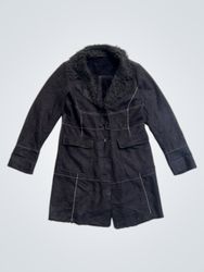 Black Suede-like Coat with Fur Collar