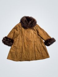 Brown Suede Shearling Coat with Fur Trim