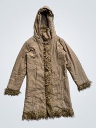 Brown Hooded Coat with Faux Fur Trim