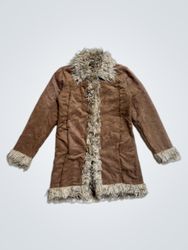GEE-KAY Brown Faux Suede Fur Trimmed Coat