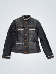 Dark Wash Denim Jacket with Frayed Collar and Cuff..