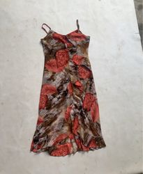 XIU LAI Orange Leaf Print Slip Dress