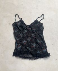 Black floral print camisole with lace trim