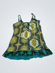 Green and blue patterned dress with ruffles