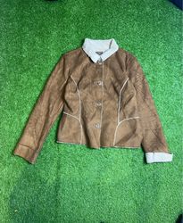 Brown Faux Leather Jacket with Sherpa Collar and C..