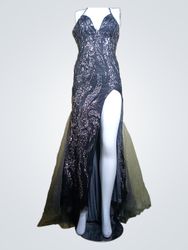 Black Sequined Halter Neck Gown with High Slit