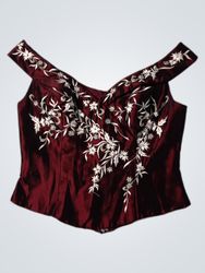 Maroon Off-the-Shoulder Corset Top with White Flor..