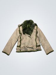 Cream and green faux fur trim jacket