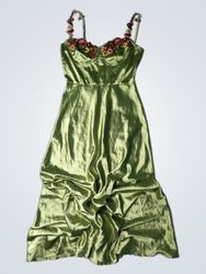 Green satin slip dress with floral embroidery