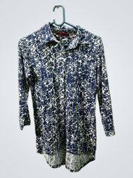 Blue and white patterned long sleeve shirt