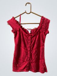 Papaya Red Lace Trim Button Up Top