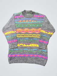 Gray Sweater with Colorful Geometric Pattern