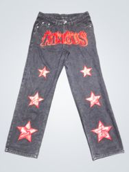 ROMWE Black Denim Jeans with Red Stars and Flame L..