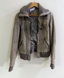 Grey Leather Bomber Jacket