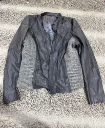 Grey Leather Jacket with Knit Panels