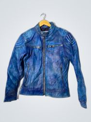 Blue Distressed Leather Biker Jacket