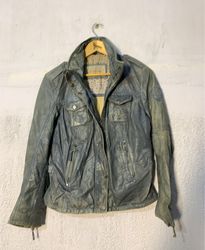 Distressed Blue Leather Biker Jacket