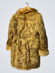 Brown Fur-Trimmed Coat with Floral Pattern