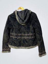 Black Faux Fur Jacket with White Embroidery