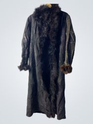 Long Black Leather Coat with Fur Trim