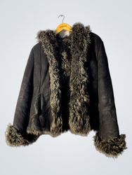 Black Hooded Suede Jacket with Fur Trim