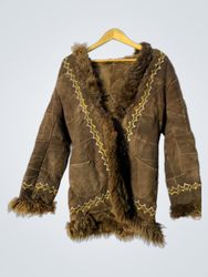 Brown Fur-Trimmed Jacket with Yellow Stitching