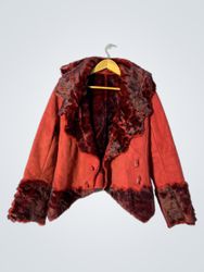 Red Suede Fur Trim Hooded Jacket