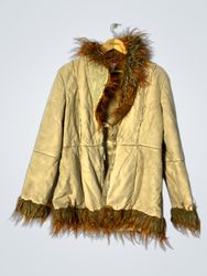 Beige Suede Fur Trim Hooded Jacket