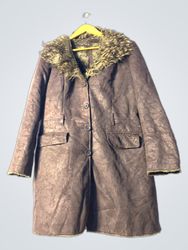 Brown Leather Coat with Fur Trim