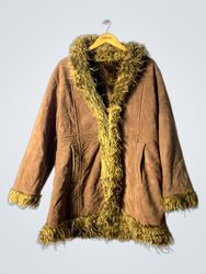 Unbranded Brown Suede Hooded Jacket with Fur Trim