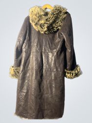 Brown Leather Coat with Fur Trim