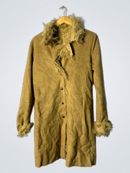 Unbranded Tan Suede Fur Trim Long Coat