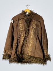 Brown Suede Jacket with Fur Trim and Embellishment..