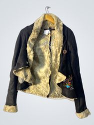 Black Jacket with Fur Lining and Colorful Embroide..
