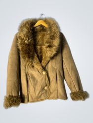 Brown Suede-like Jacket with Fur Trim