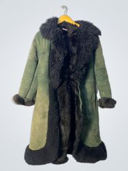 Green Suede Coat with Black Fur Trim