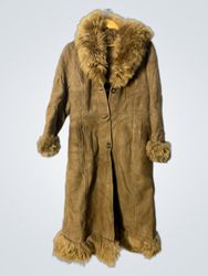 Brown Suede Maxi Coat with Fur Trim
