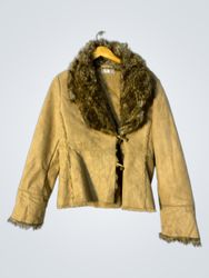 Tan Faux Suede Jacket with Fur Trim