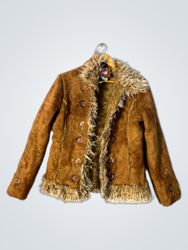 Brown Suede-like Jacket with Fur Trim and Embroide..